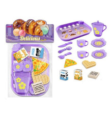 Набір продуктів 99002 (120/2) таця, 2 чашки, 2 блюдця, чайничок, ніж, ложка, вилка, шматок піци, вафля, коробочки з молоком і соком, в пакеті