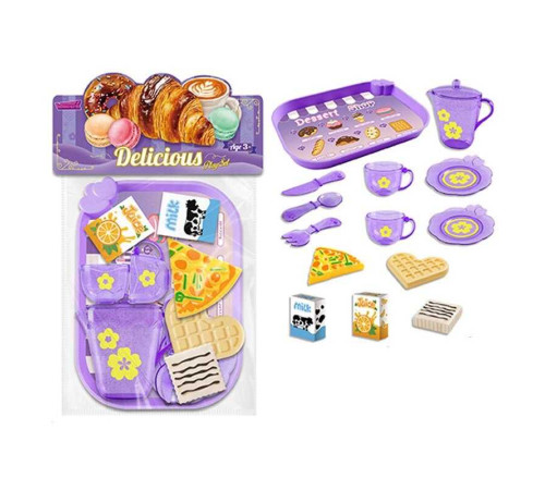 Набір продуктів 99002 (120/2) таця, 2 чашки, 2 блюдця, чайничок, ніж, ложка, вилка, шматок піци, вафля, коробочки з молоком і соком, в пакеті