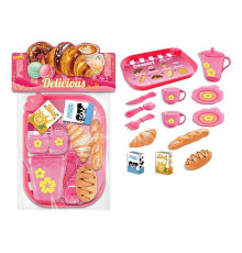 Набір продуктів 99007 (120/2) таця, 2 чашки, 2 блюдця, чайничок, ніж, ложка, вилка, круасан, багет, хліб, коробочки з молоком і соком, в пакеті