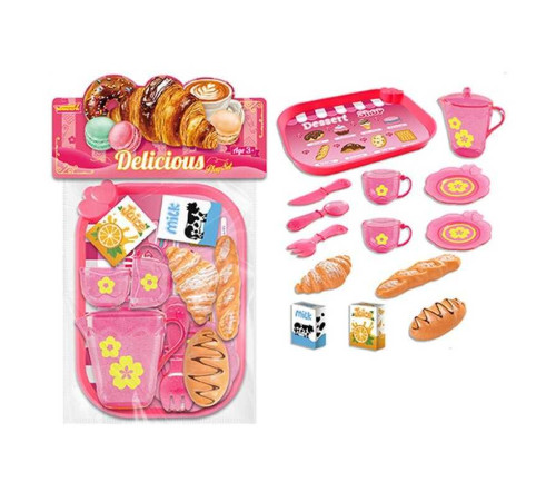 Набір продуктів 99007 (120/2) таця, 2 чашки, 2 блюдця, чайничок, ніж, ложка, вилка, круасан, багет, хліб, коробочки з молоком і соком, в пакеті