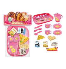 Набір продуктів 99008 (120/2) таця, 2 чашки, 2 блюдця, чайничок, ніж, ложка, вилка, шматок піци, вафля, коробочки з молоком і соком, в пакеті