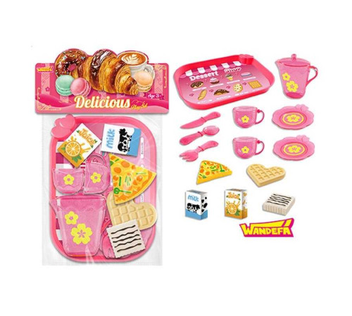 Набір продуктів 99008 (120/2) таця, 2 чашки, 2 блюдця, чайничок, ніж, ложка, вилка, шматок піци, вафля, коробочки з молоком і соком, в пакеті