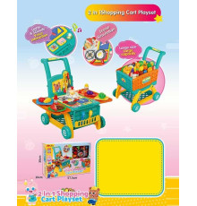 Набір посуду 35633 A (6/2) 39 деталей, 2 в 1: візок та портативна кухня, імітація плити, підсвічування різними кольорами, звукові ефекти, перемикач мелодій, фрази англ. мовою, посуд, столове приладдя, муляжі продуктів, купюр, кредитної картки, в коробці