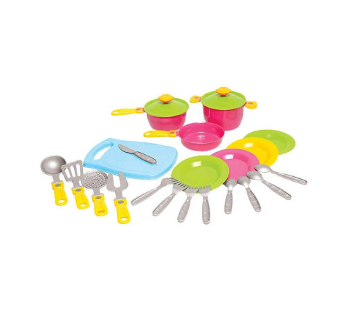 гр Набір посуду №2 1677 (16) "Technok Toys" 2 каструлі, сковорідка, 2 кришки, дощечка, 4 комплекти столових приладів, кухонне начиння, 21см, в сітці – в наличии! Купите сейчас у KAZKOVA