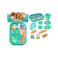 Набір продуктів 99013 (120/2) таця, 2 чашки, 2 блюдця, чайничок, ніж, ложка, вилка, круасан, багет, хліб, коробочки з молоком і соком, в пакеті