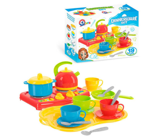 гр Кухня "Маринка" 1554 (5) "Technok Toys", чашки, блюдця, ложки, пательня, кастрля, чайник, плита, таця, в коробці