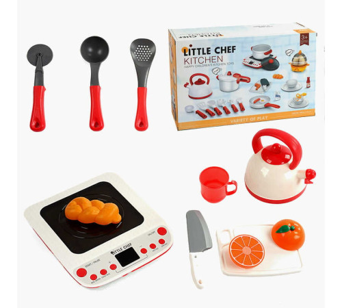 Плитка з посудкою BC 9004 (16/2) плита, звук, підсвічування, від батарейок, продукти, чайник, чашка, ніж, лопатки, дошка для нарізання, в коробці