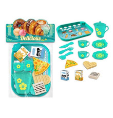 Набір продуктів 99014 (120/2) таця, 2 чашки, 2 блюдця, чайничок, ніж, ложка, вилка, шматок піци, вафля, коробочки з молоком і соком, в пакеті