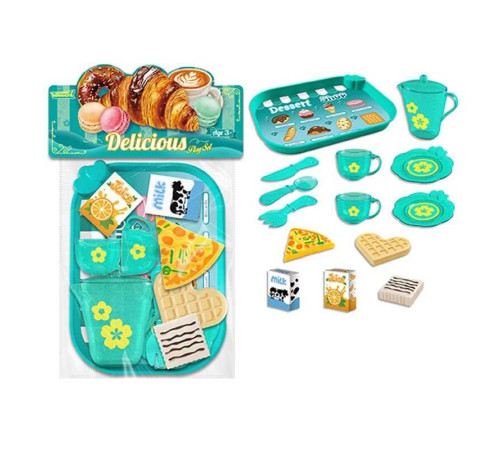Набір продуктів 99014 (120/2) таця, 2 чашки, 2 блюдця, чайничок, ніж, ложка, вилка, шматок піци, вафля, коробочки з молоком і соком, в пакеті