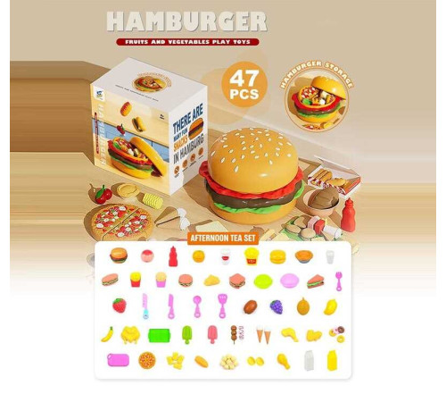 Набір продуктів 108-34 A (24/2) 47 елементів, великий бургер-бокс, продукти на липучках, таця, дошка для нарізання, ножичок, стаканчики та баночки для соусів, морозиво, картопля фрі, печиво, бутерброди, в коробці