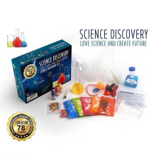 Набір хіміка 304 A (72) 78 варіацій експериментів, 3 баночки з фарбою, реактиви-порошки, 4 мірні склянки, лійка, пластиковий м’ячик, 2 свічки, шприц без голки, піпетки, ложечка, 3 повітряні кульки, в коробці