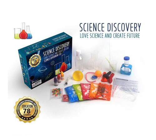 Набір хіміка 304 A (72) 78 варіацій експериментів, 3 баночки з фарбою, реактиви-порошки, 4 мірні склянки, лійка, пластиковий м’ячик, 2 свічки, шприц без голки, піпетки, ложечка, 3 повітряні кульки, в коробці