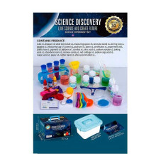 Набір хіміка 304 C (24) 3 баночки з фарбою, реактиви-порошки, 7 мірних склянок, лійка, окуляри, піпетки, м’ячик, свічка, 5 ложечок, повітряні кульки, пробірки, бокс, в коробці