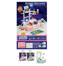 Набір хіміка 4096 A (8) 2 види, столик, 3 баночки з фарбою, реактиви-порошки, 3 мірні склянки, окуляри, піпетки, ложечка, 3 повітряні кульки, пробірки, в коробці