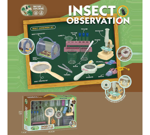 Набір дослідів W 613 (36) мікроскоп на батарейках, підсвітка, лупа, сачок, пінцет, моделі комах, пробірки, в коробці