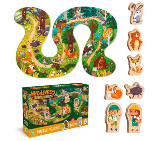 гр Пазл "Хто живе в лісі?" 300608 (18) "DoDo", 16 елементів, дерев’яні фігурки, 45х68 см, в коробці