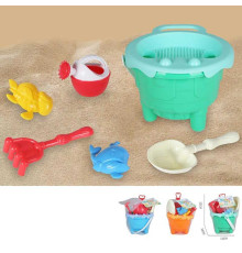 Пісочний набір KZ 6449 (72/2) 3 кольори, відро, лійка, лопатка, граблі, сито, 2 формочки, в сітці, ВИДАЄТЬСЯ ТІЛЬКИ МІКС ВИДІВ