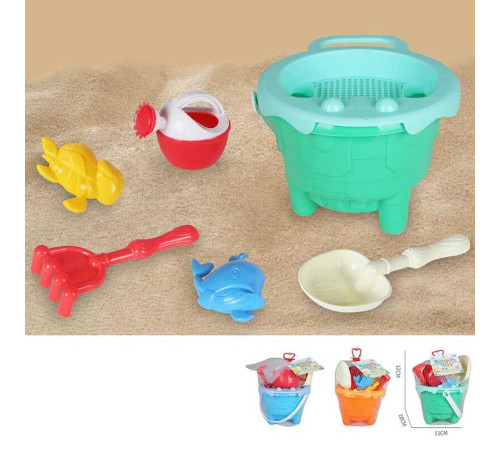 Пісочний набір KZ 6449 (72/2) 3 кольори, відро, лійка, лопатка, граблі, сито, 2 формочки, в сітці, ВИДАЄТЬСЯ ТІЛЬКИ МІКС ВИДІВ