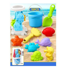 Пісочний набір W 218-48 (72/2) висота відра - 10 см, лопатка, граблі, млин, 6 формочок, в сітці