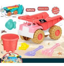 Пісочний набір 733-389 (96/2) 2 кольори, розмір самоскида - 29.5х14х13 см, відро, граблі, лопатка, 2 формочки, в сітці