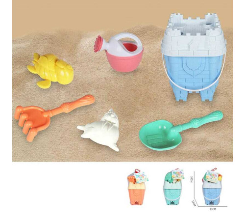 Пісочний набір KZ 6444 A (72/2) 3 кольори, відро, лійка, лопатка, граблі, сито, 2 формочки, в сітці, ВИДАЄТЬСЯ ТІЛЬКИ МІКС ВИДІВ