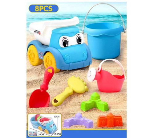 Пісочний набір W 218-62 (72/2) розмір самоскида: 16.5х11х13 см, висота відра - 9.5 см, лійка, граблі, 3 формочки, в сітці