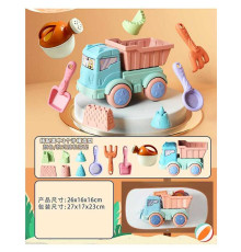 Пісочний набір 913-313 (48/2) розмір самоскида - 26х16х16 см, сито, лопатка, граблі, лійка, 3 формочки, рухомі елементи, в сітці