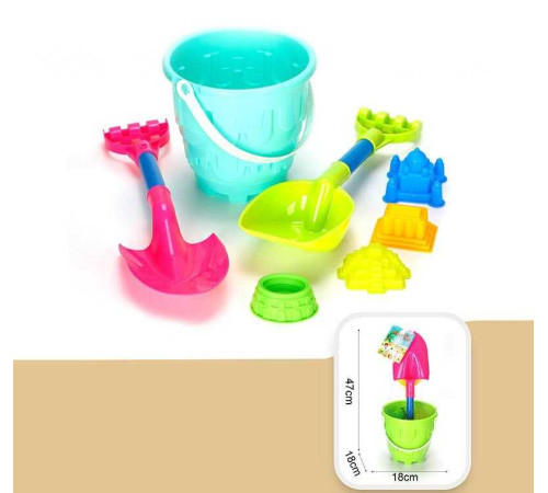 Пісочний набір JX 6854 (36) 3 кольори, відро, 2 лопати, 4 формочки, в сітці, ВИДАЄТЬСЯ ТІЛЬКИ МІКС ВИДІВ
