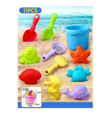 Пісочний набір W 218-73 (144/2) 2 кольори, висота відра - 9.5 см, граблі, сито, 2 лопатки, 6 формочок, в сітці