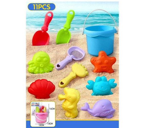 Пісочний набір W 218-73 (144/2) 2 кольори, висота відра - 9.5 см, граблі, сито, 2 лопатки, 6 формочок, в сітці