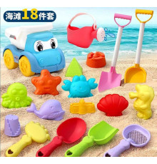 Пісочний набір W 218-40 (64/2) розмір самоскида - 16.5х11х13 см, граблі, сито, 4 лопатки, лійка, 10 формочок, в сітці