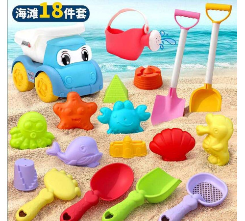 Пісочний набір W 218-40 (64/2) розмір самоскида - 16.5х11х13 см, граблі, сито, 4 лопатки, лійка, 10 формочок, в сітці