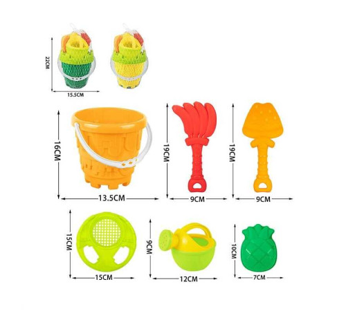 Пісочний набір 295-37 A (72/2) відерці, лопатка, граблі, форма для піску, лійка, сито, у сітці