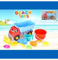 Пісочний набір JX 6855 (36/2) розмір самоскида - 33.5х16х23 см, висота відра - 10 см, лопатка, граблі, лійка, 5 формочок, в сітці