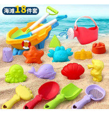 Пісочний набір W 218-42 (30/2) розмір тачки - 25х12х10 см, граблі, лопатки, сито, лійка, 10 формочок, в сітці