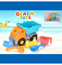 Пісочний набір JX 6857 (36/2) розмір самоскида - 28.5х16х20 см, лопатка, граблі, лійка, 2 формочки, в сітці