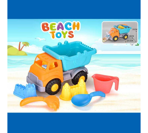 Пісочний набір JX 6857 (36/2) розмір самоскида - 28.5х16х20 см, лопатка, граблі, лійка, 2 формочки, в сітці