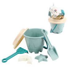 гр Набір для гри з піском 1560 (12) "Technok Toys", відерко, лопата, граблі, сито з отворами для інструментів, 2 формочки, в сітці