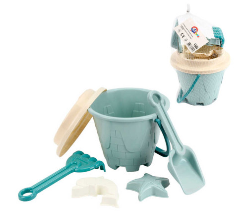 гр Набір для гри з піском 1560 (12) "Technok Toys", відерко, лопата, граблі, сито з отворами для інструментів, 2 формочки, в сітці