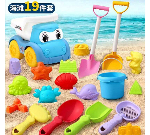 Пісочний набір W 218-43 (64/2) розмір самоскида - 16.5х11.х13 см, висота відра - 10 см, граблі, сито, 4 лопатки, 11 формочок, в сітці