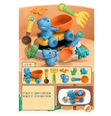 Пісочний набір 913-332 (60) розмір самоскида -26х17.5х15 см, 2 лопатки, граблі, 4 формочки, рухомі елементи, в сітці