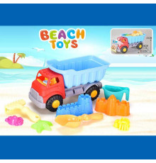 Пісочний набір JX 6854 (36/2) розмір самоскида - 33.5х16х23 см, лопатка, граблі, лійка, 5 формочок, в сітці