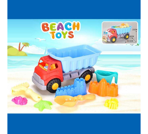 Пісочний набір JX 6854 (36/2) розмір самоскида - 33.5х16х23 см, лопатка, граблі, лійка, 5 формочок, в сітці