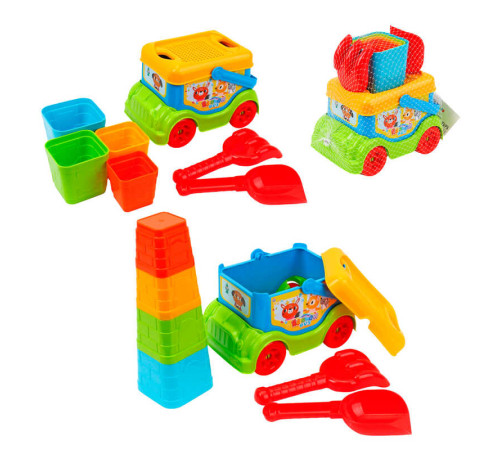 гр Набір для гри з піском 3373 (5) "Technok Toys", пасочки, сито, машинка, лопатка, грабельки, в сітці