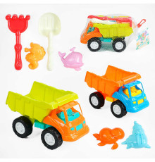 Пісочний набір KZ 6434 (72/2) 2 види, 7 елементів, самоскид, граблі, лопатка, формочки, у сітці