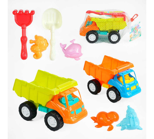 Пісочний набір KZ 6434 (72/2) 2 види, 7 елементів, самоскид, граблі, лопатка, формочки, у сітці