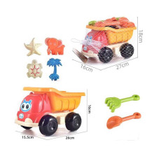 Пісочний набір C 468 (48/2) розмір самоскида - 26х15.5х16 см, лопатка, граблі, 4 формочки, в сітці