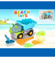 Пісочний набір JX 6858 (36/2) розмір самоскида -35.5х16х22 см, лопатка, граблі, лійка, 2 формочки, у сітці