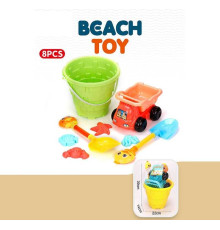 Пісочний набір YF 3687 (24) відро висотою 22 см, машинка з відкидним причепом, 2 лопати висотою 35 см, 4 формочки, в сітці
