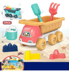Пісочний набір 733-350 (54/2) 2 кольори, 7 елементів, розмір самоскида - 30х14х15см, лійка, лопатка, граблі, 3 формочки, у сітці, ВИДАЄТЬСЯ МІКС